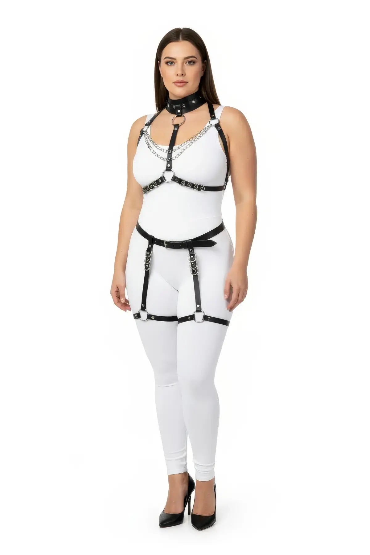 Plus-size black vegan leather full-body harness with o-ring chains, collar, and thigh straps by HarnessClub