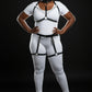 Plus Size Black O-Ring Chain-Drape Full Body Harness Set with vegan leather straps and silver chain details