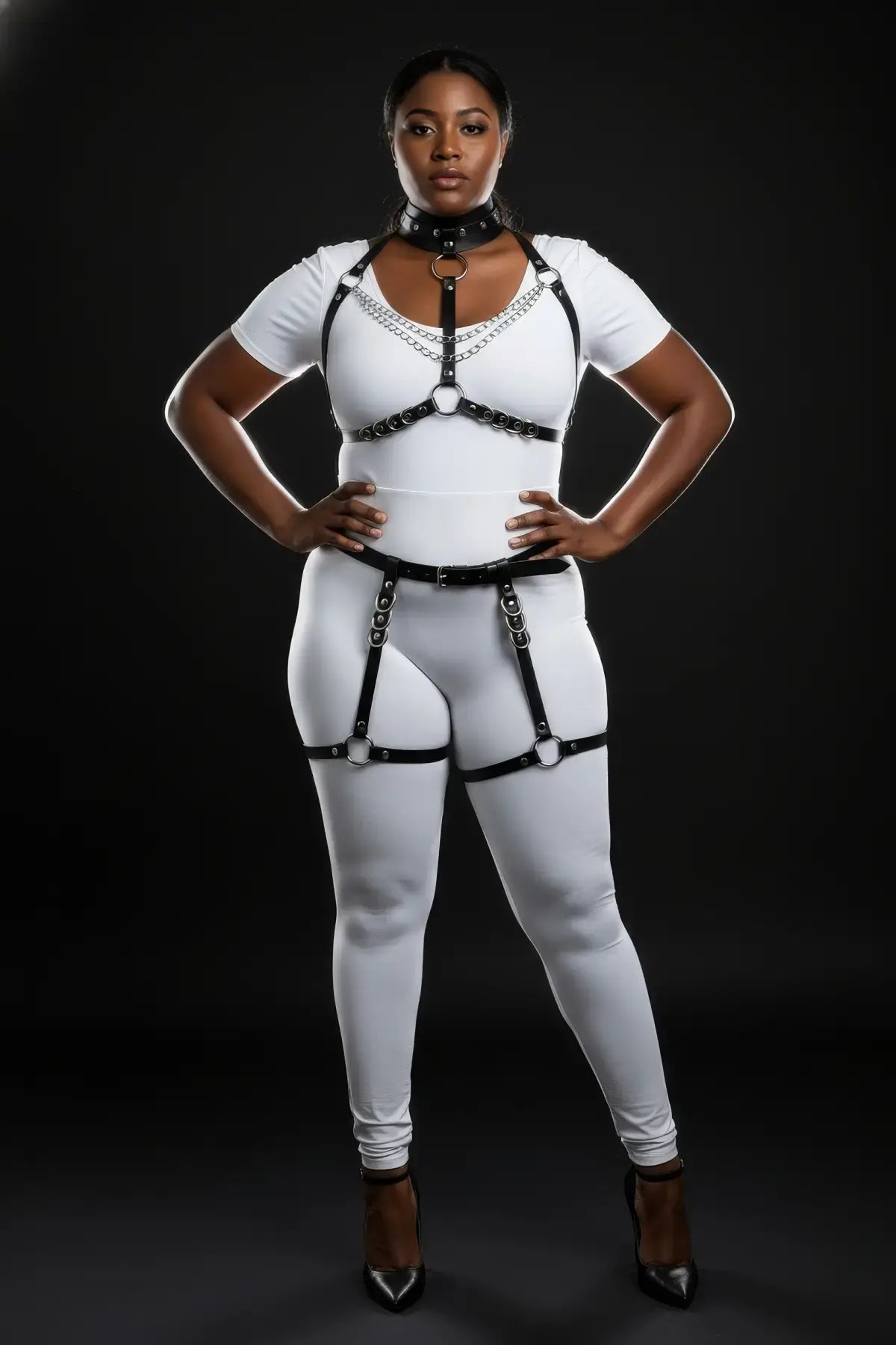 Plus Size Black O-Ring Chain-Drape Full Body Harness Set with vegan leather straps and silver chain details