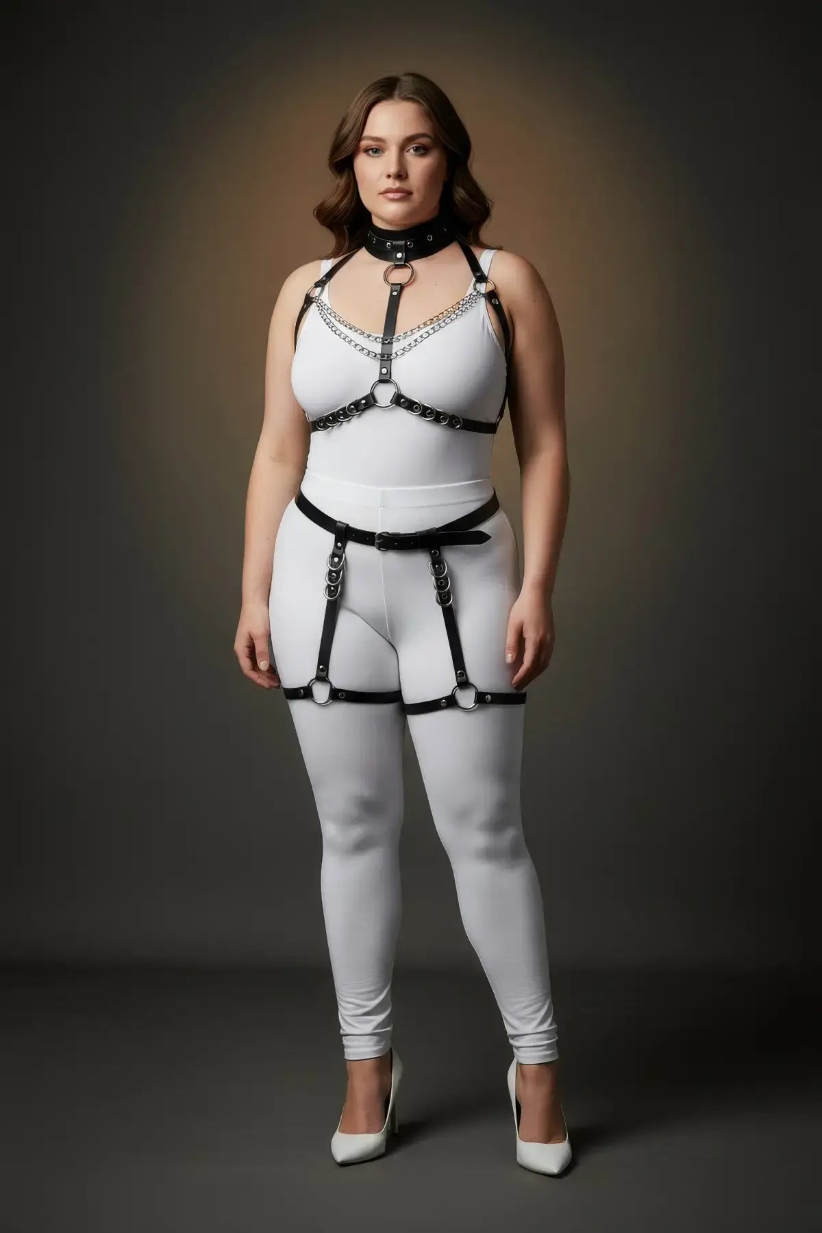 Plus-size black O-Ring chain-drape full-body harness set, vegan leather, HarnessClub