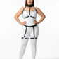 Plus-size black vegan-leather full-body harness set with O-ring and chain-drape straps on model