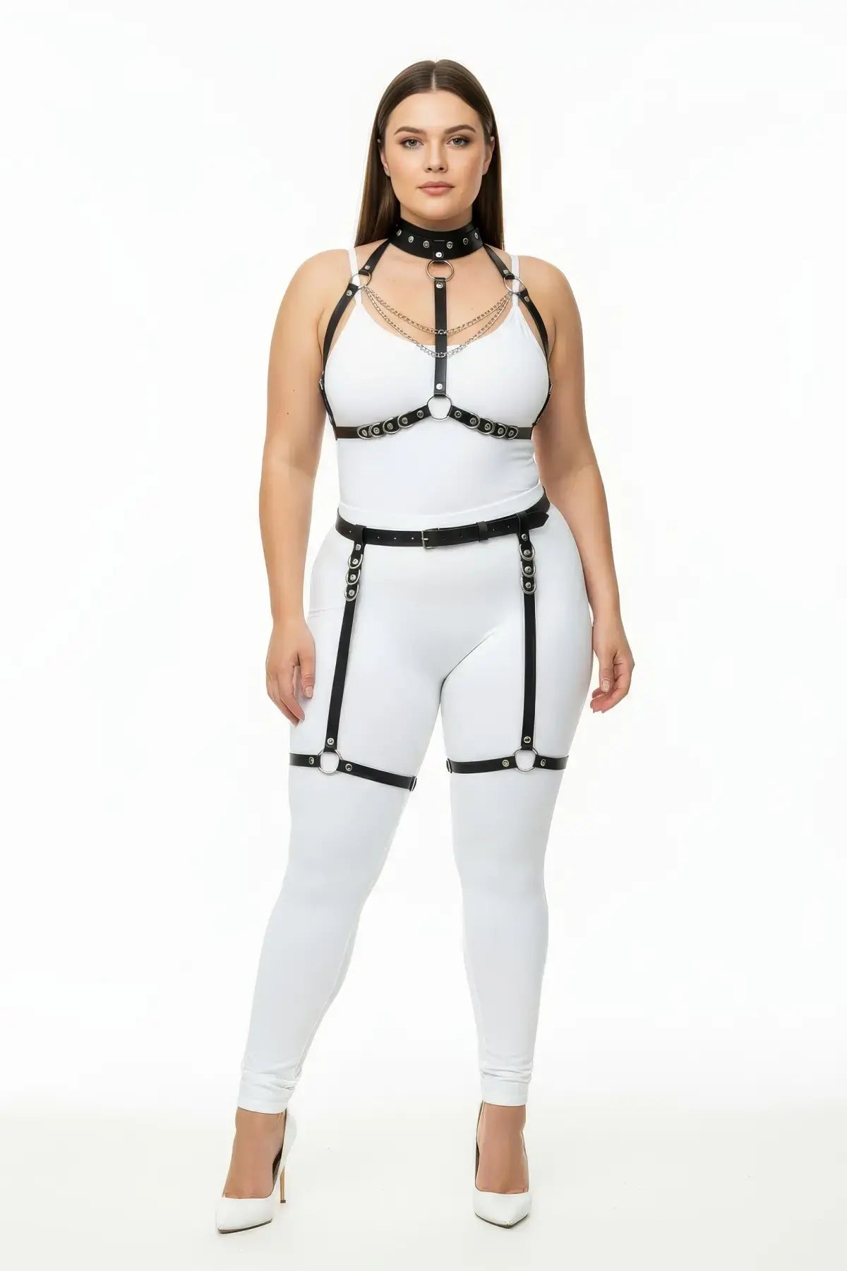 HarnessClub plus-size black vegan leather full-body O-ring chain harness set with garter straps