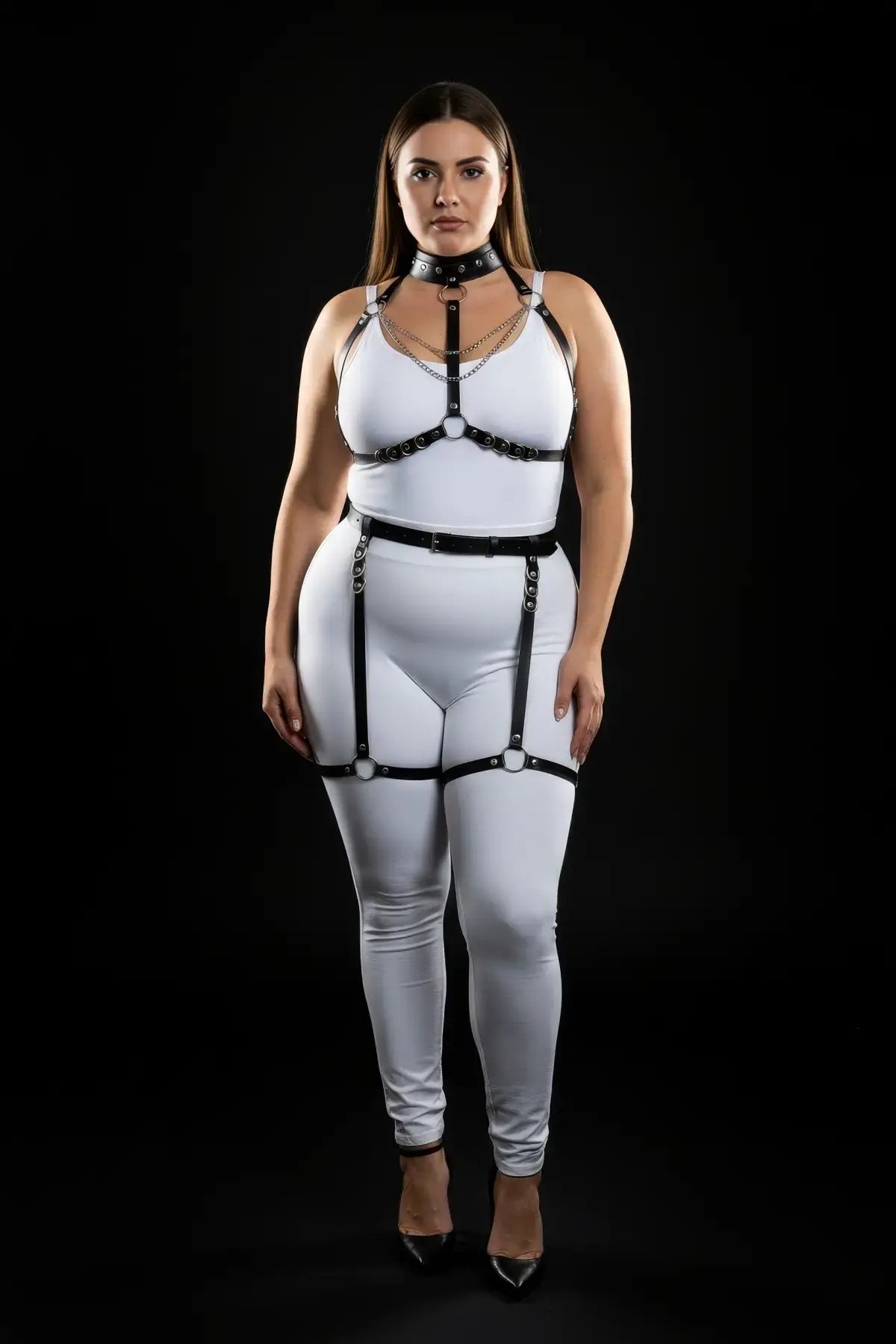 HarnessClub Plus-Size Black O-Ring Chain Garter Full-Body Harness Set in vegan leather