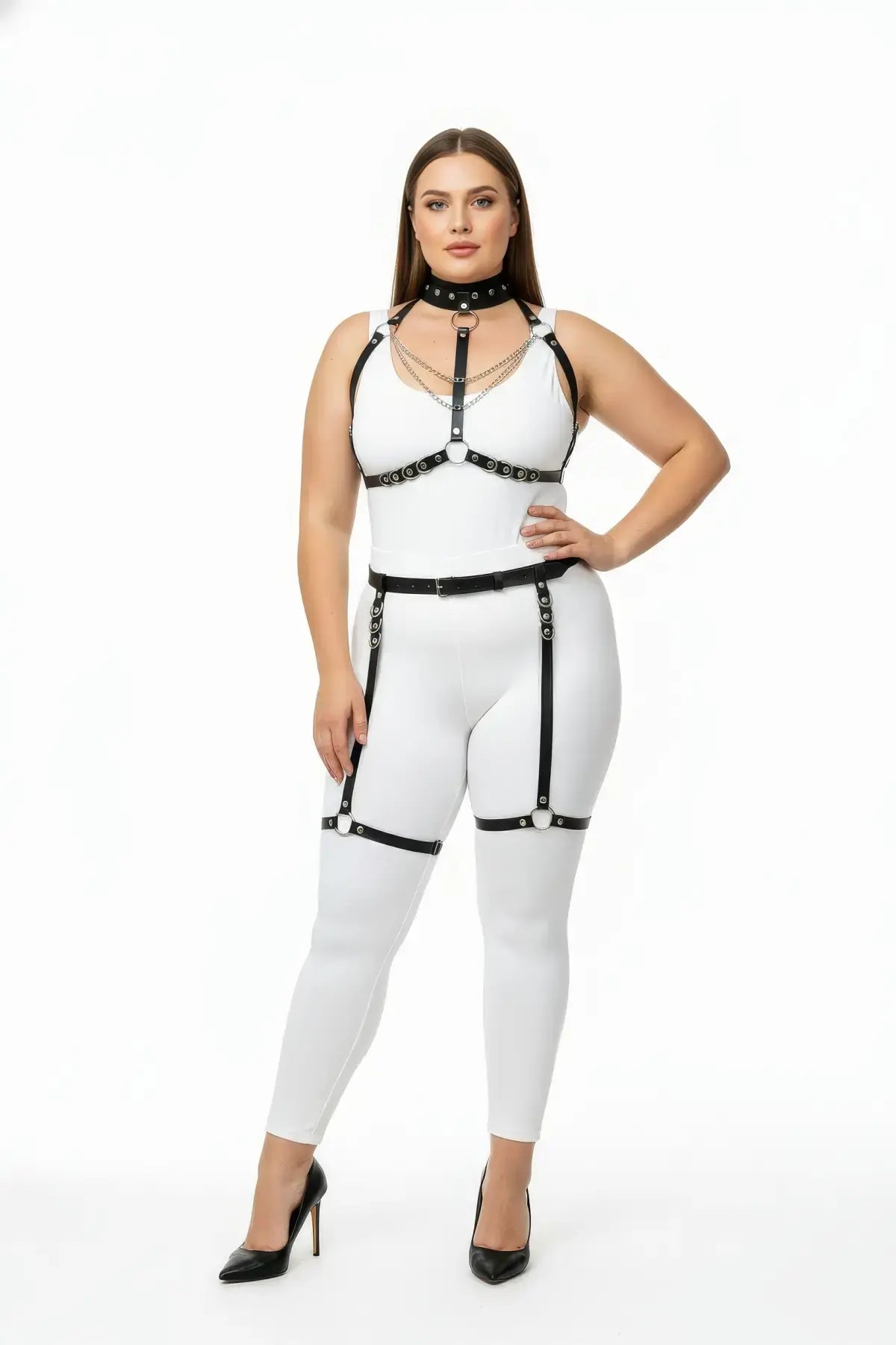 Plus size black O-ring chain garter full-body harness set in vegan leather by HarnessClub