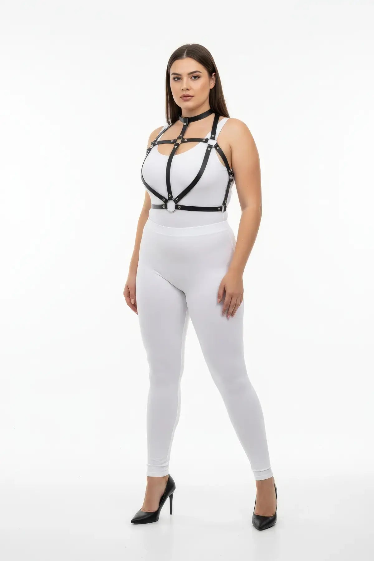Plus Size Black O-Ring Collar & Cage Chest Harness in vegan leather worn by model