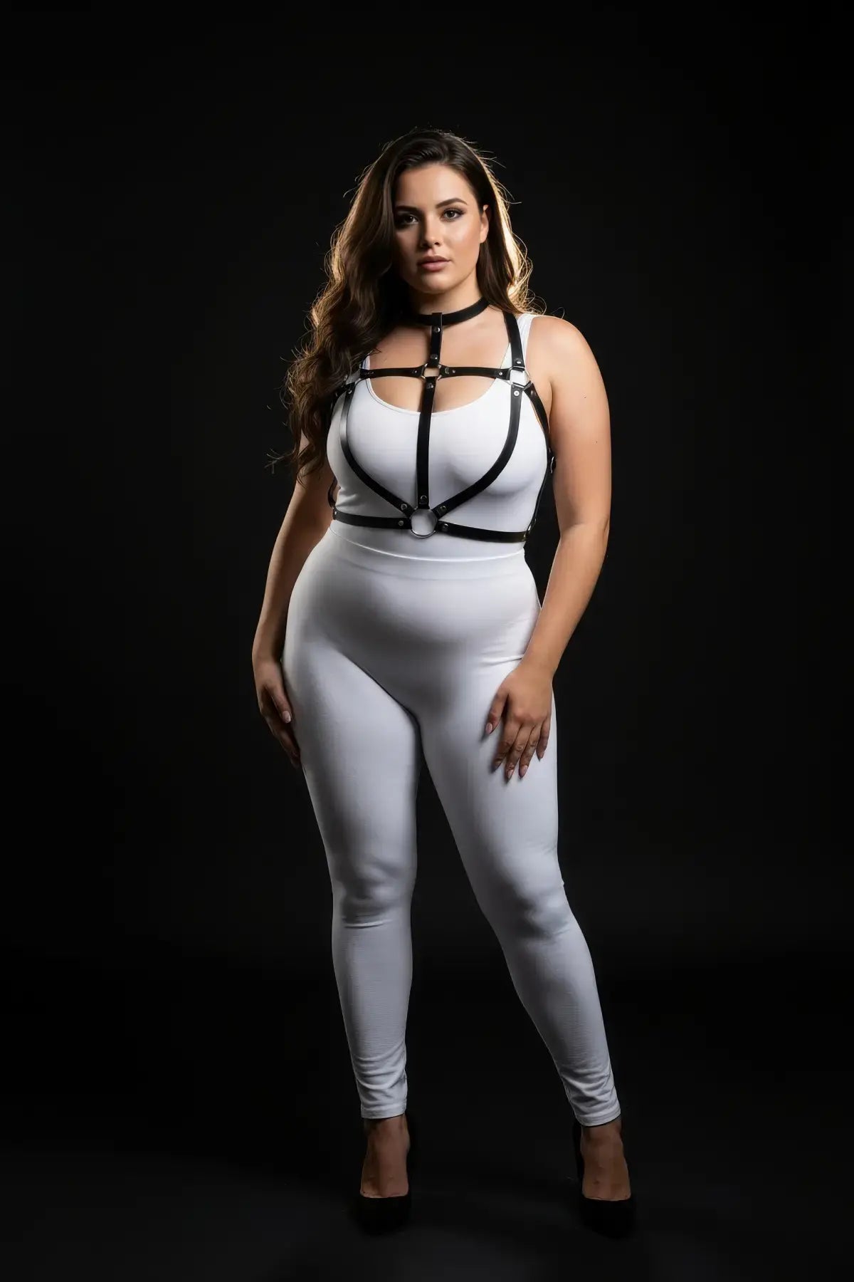 Plus-size HarnessClub black vegan leather O-ring collar and cage chest harness worn over white bodysuit for bold look.
