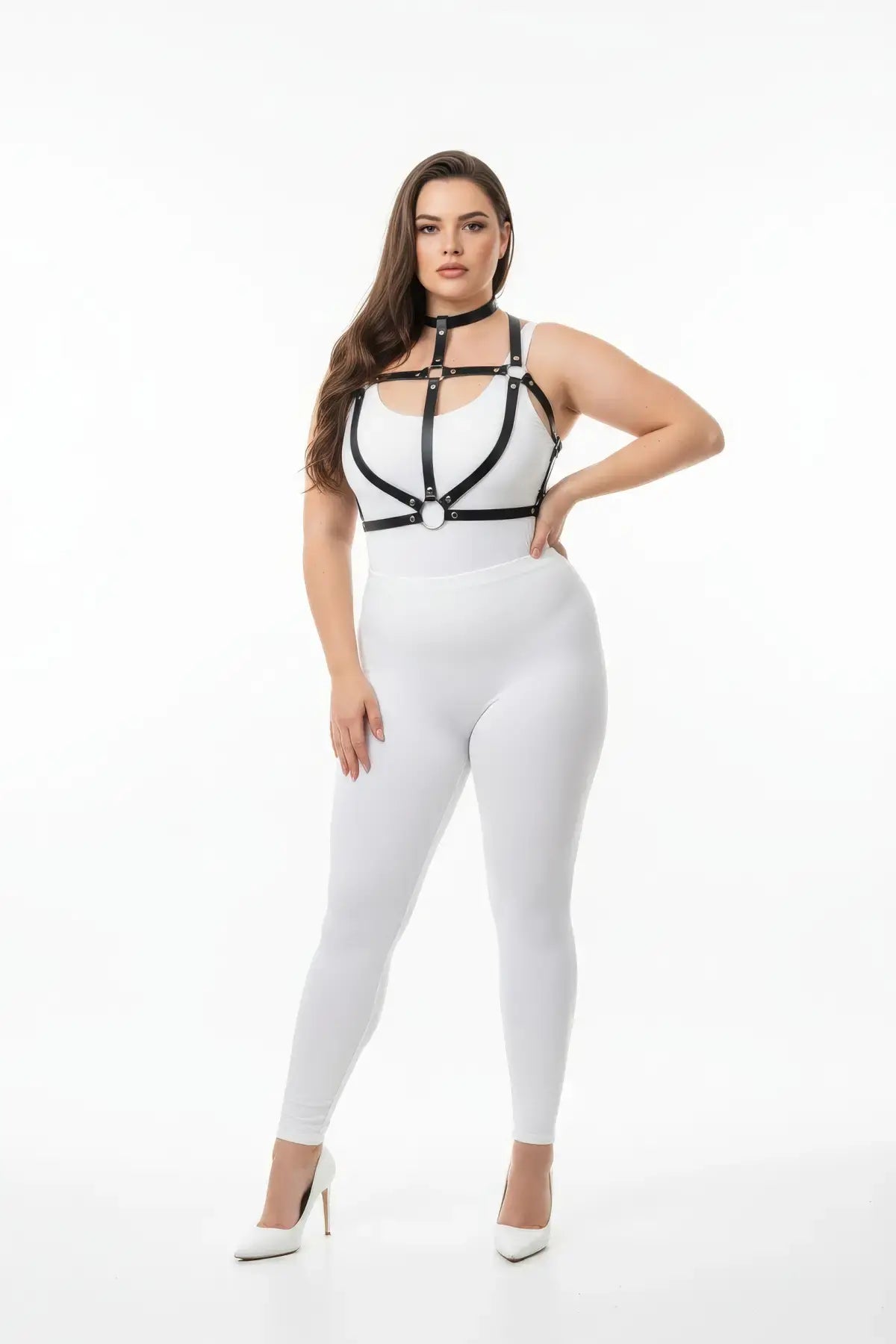 Plus-size black vegan leather O-ring collar and cage chest harness by HarnessClub