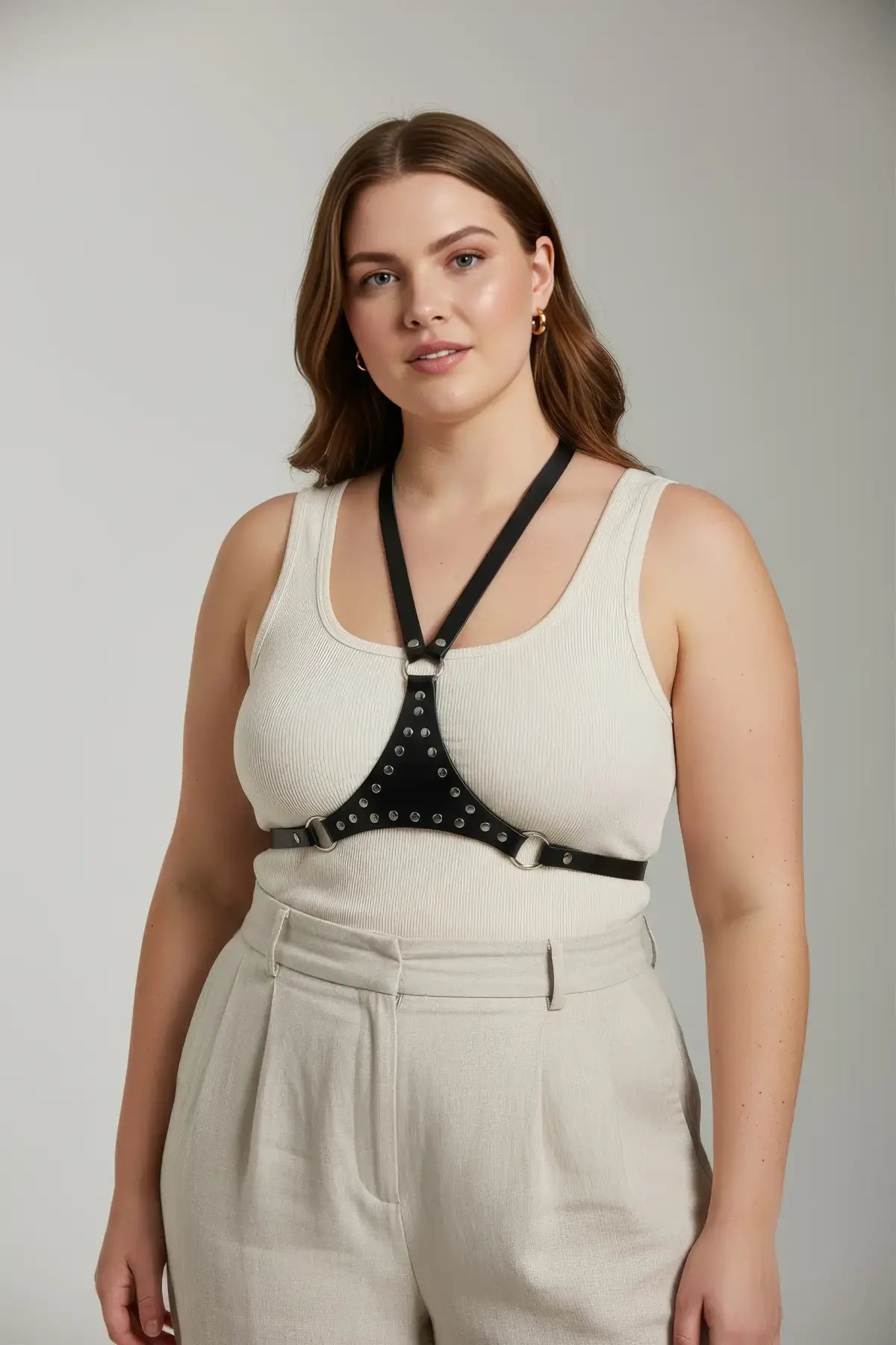 Plus Size Black O-ring Detail Leather Body Harness by HarnessClub