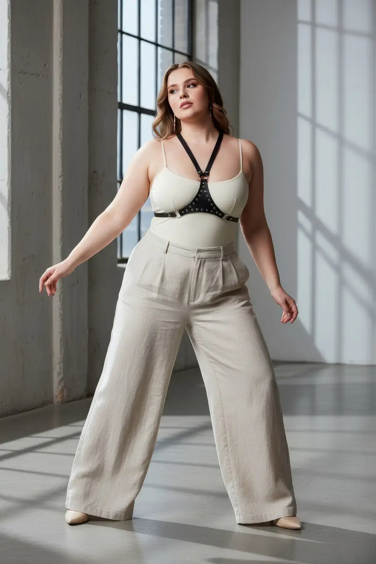Plus Size Black Leather Body Harness with O-ring detail
