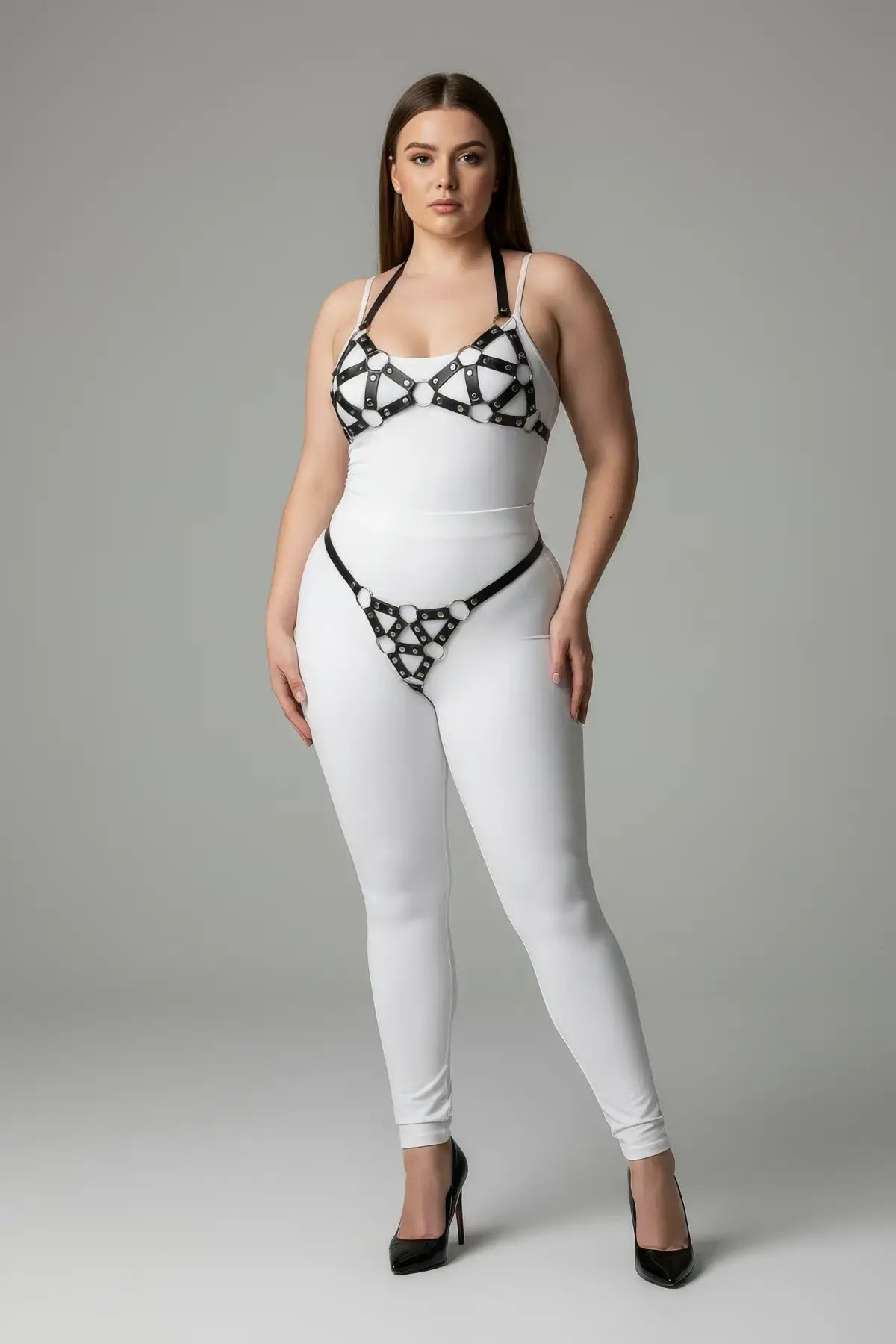 Plus-size black faux-leather body harness set by HarnessClub, two-piece with O-ring chest and hip straps