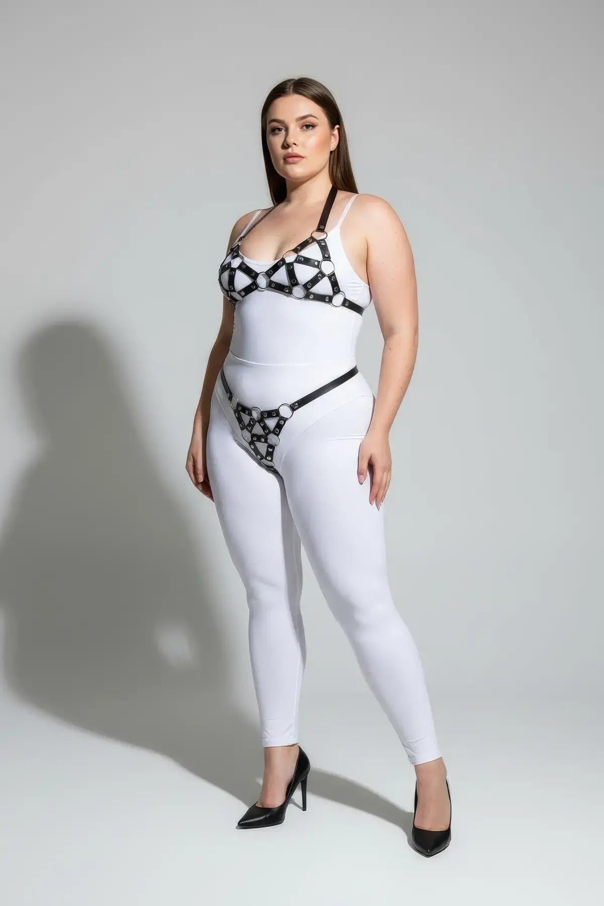 Plus-size black faux-leather O-ring body harness set by HarnessClub