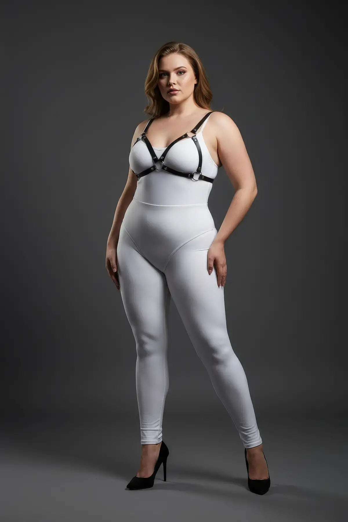 Plus size black faux-leather O-ring bra harness worn over a white bodysuit.