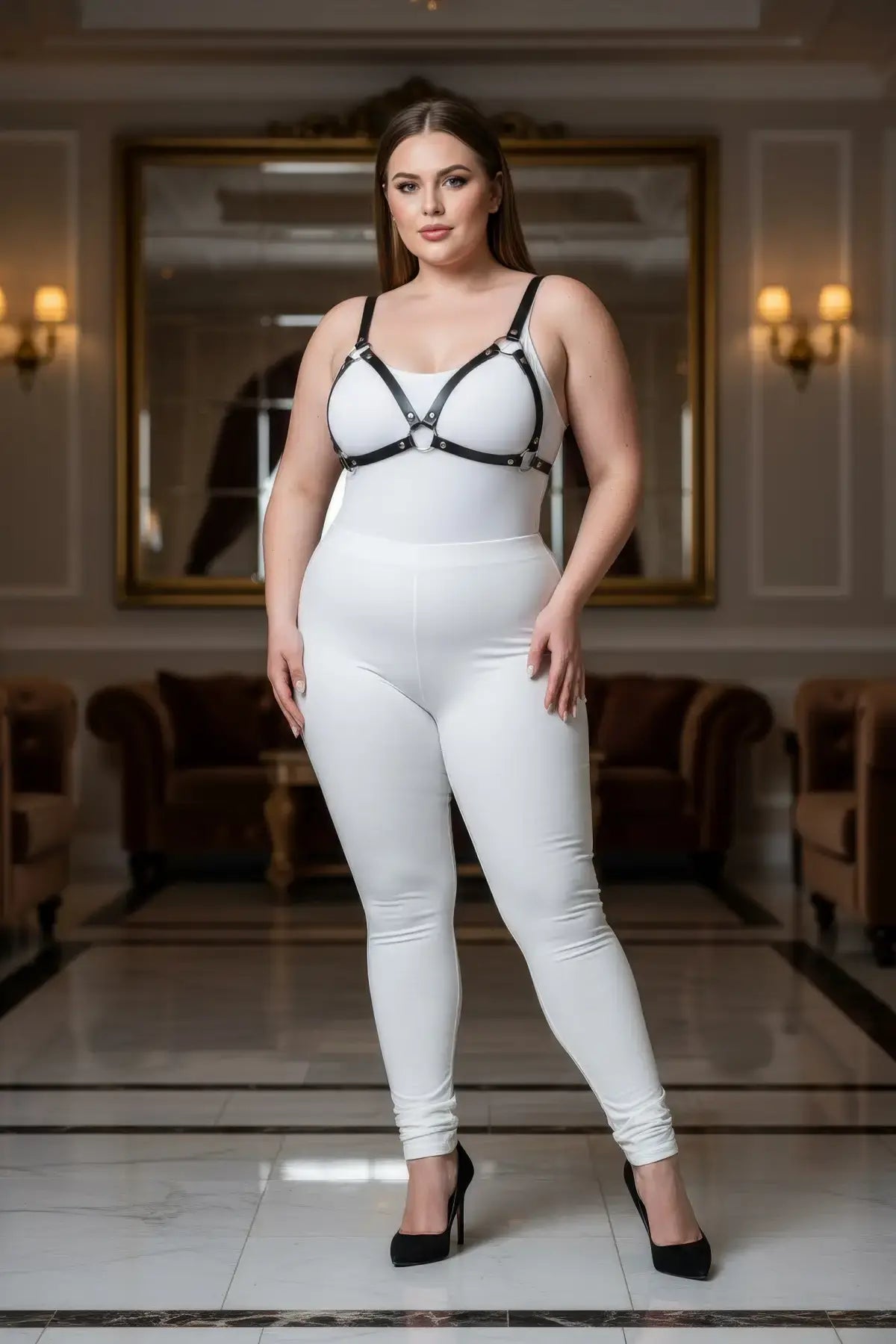 Plus Size Black O-Ring Faux Leather Bra Harness worn over a white bodysuit with metal rings