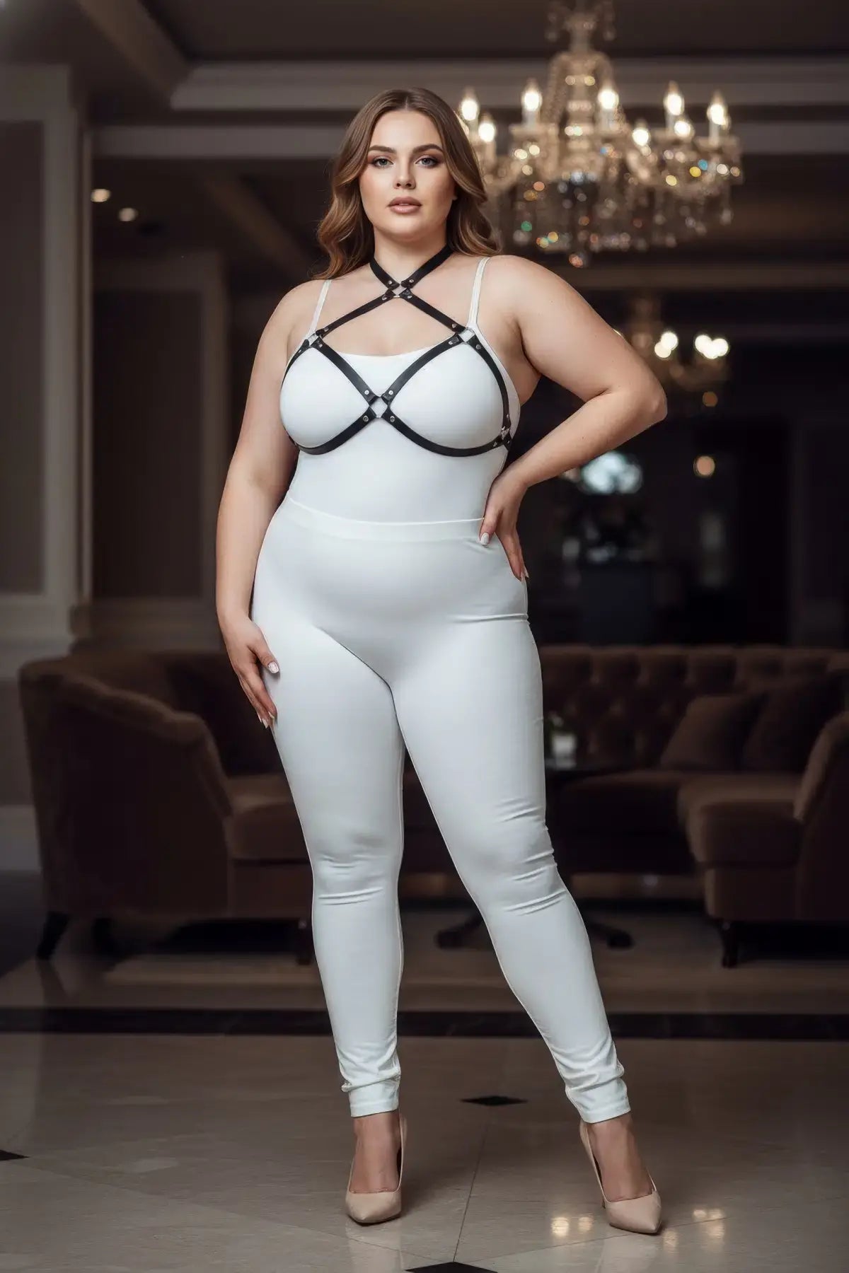 Plus-size black faux-leather O-ring chest harness over white bodysuit