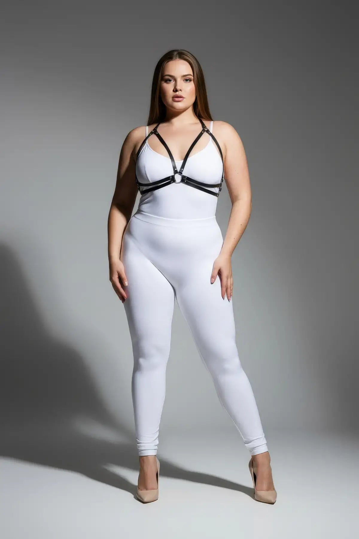 Plus-size black faux-leather O-ring body harness by HarnessClub