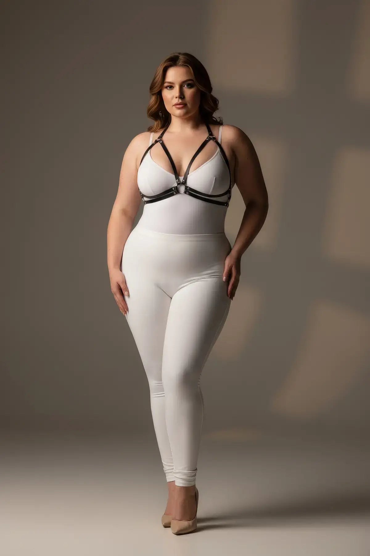 Plus-size black faux-leather O-ring body harness by HarnessClub