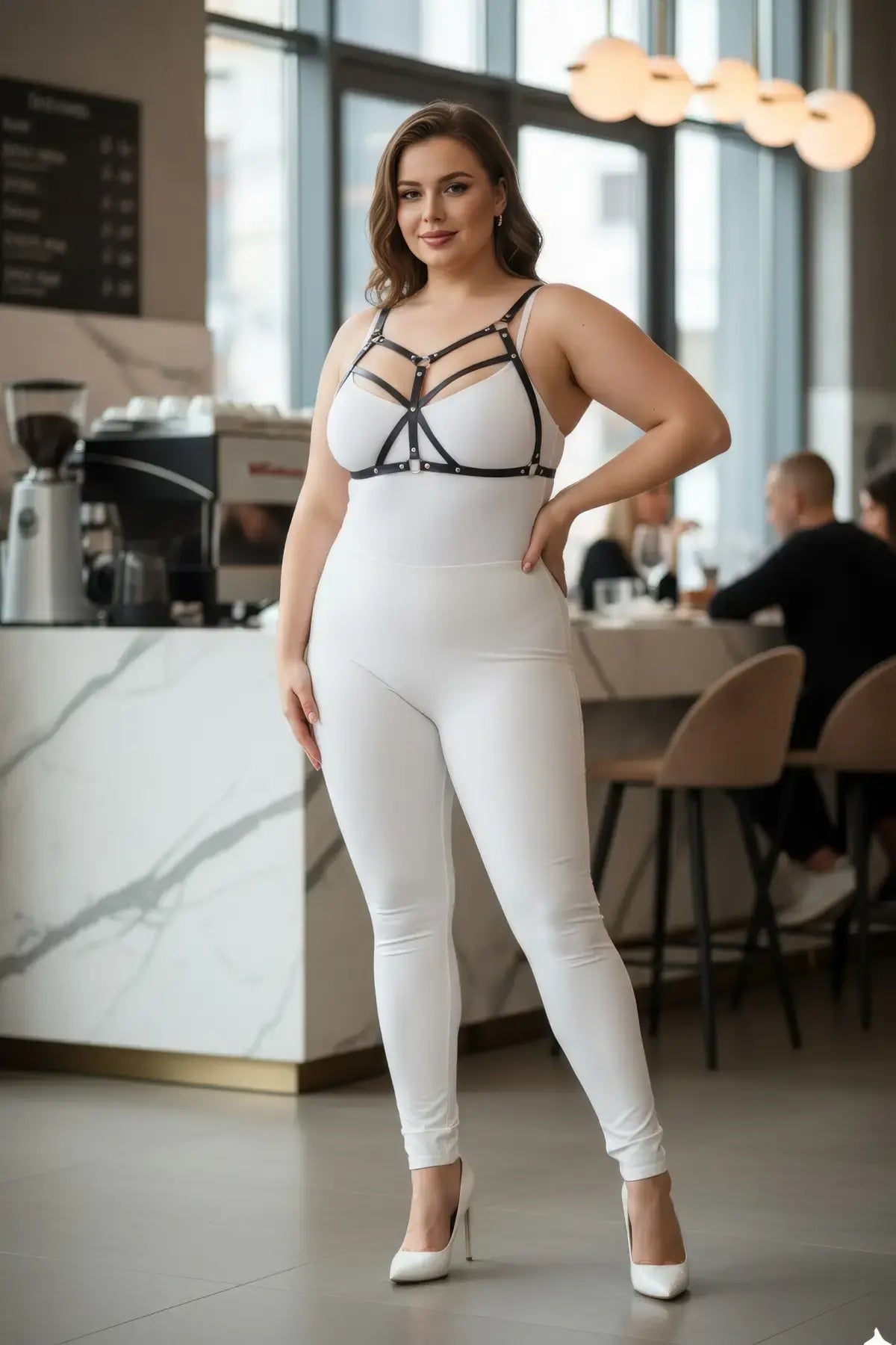 Plus Size Black O-Ring Faux Leather Fantasy Harness Set worn over a white bodysuit.