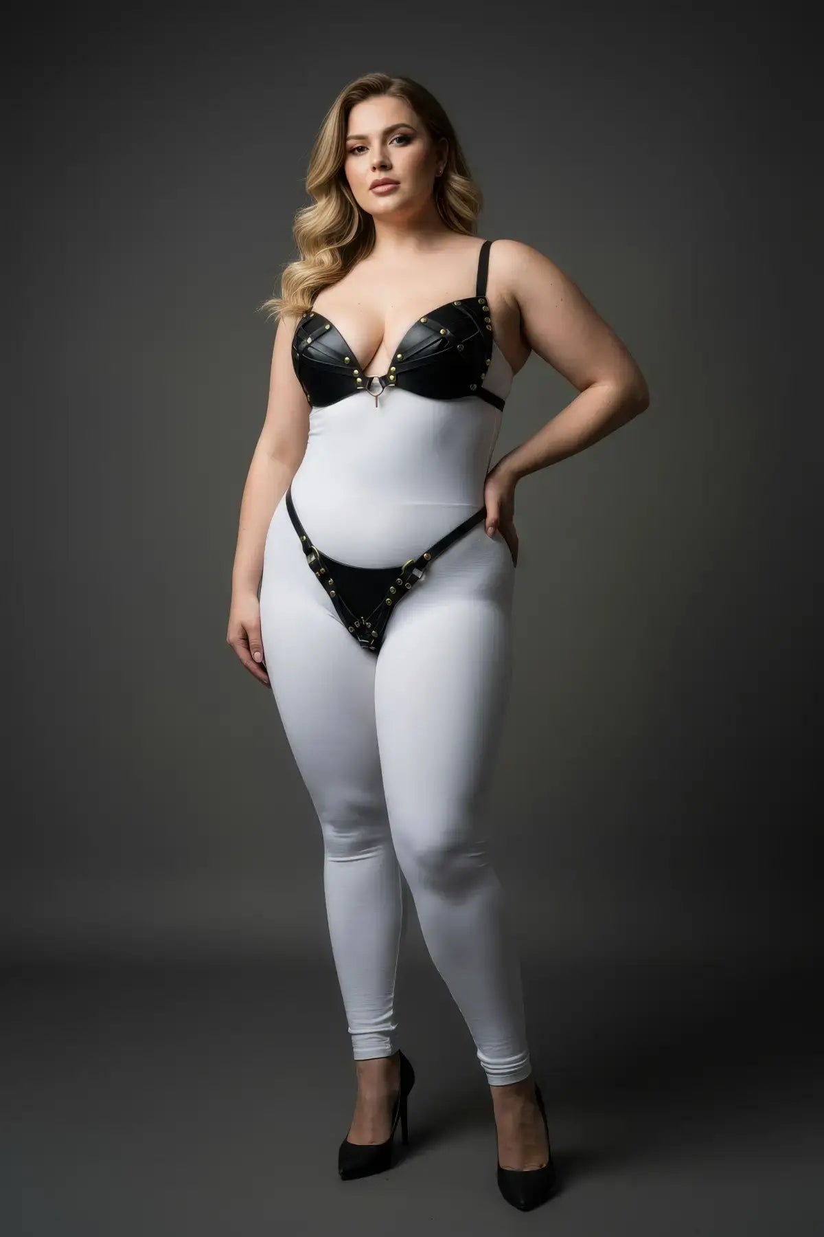 Plus-size black o-ring faux leather harness set by HarnessClub, worn over a white bodysuit.