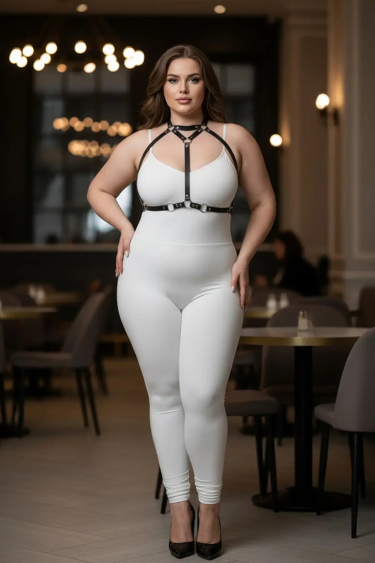 Plus Size Black O-Ring Faux Leather Outfit Harness over white bodysuit