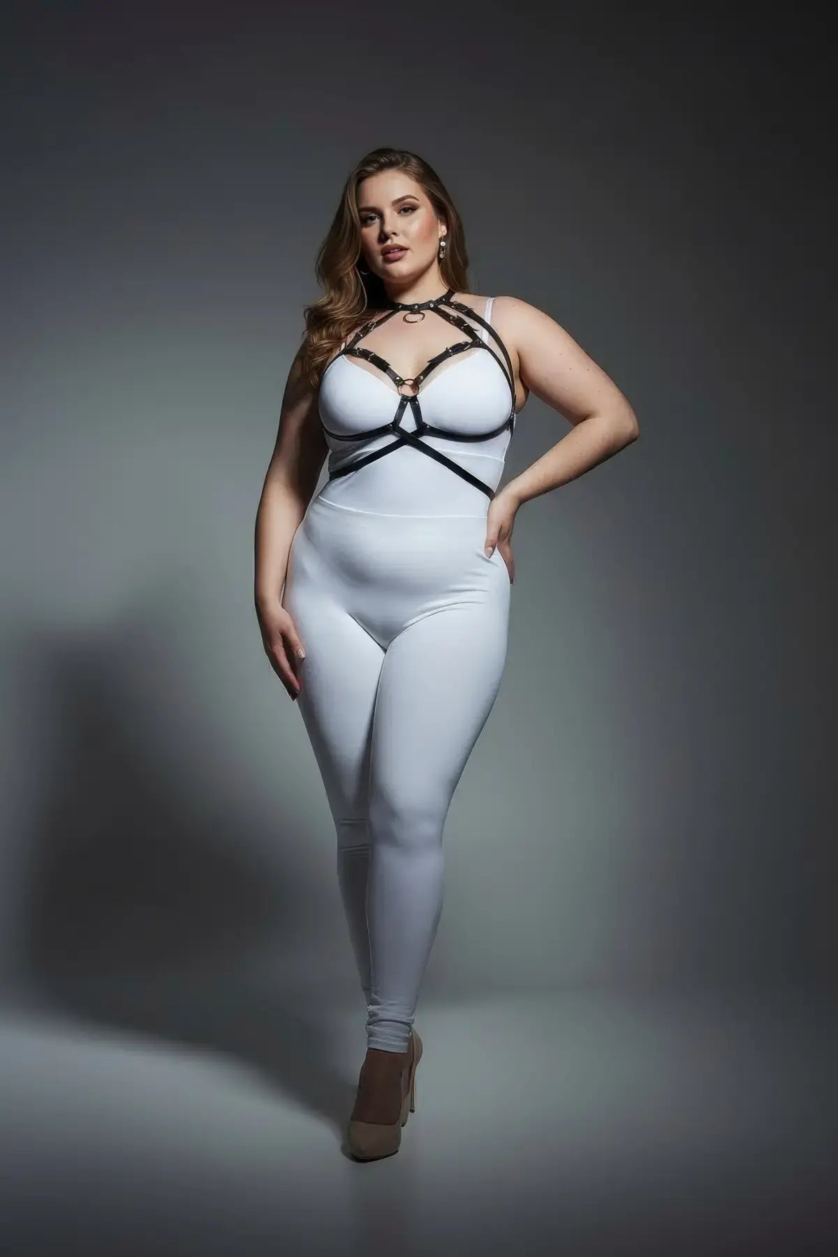 Plus-size black faux-leather o-ring over-outfit harness by HarnessClub