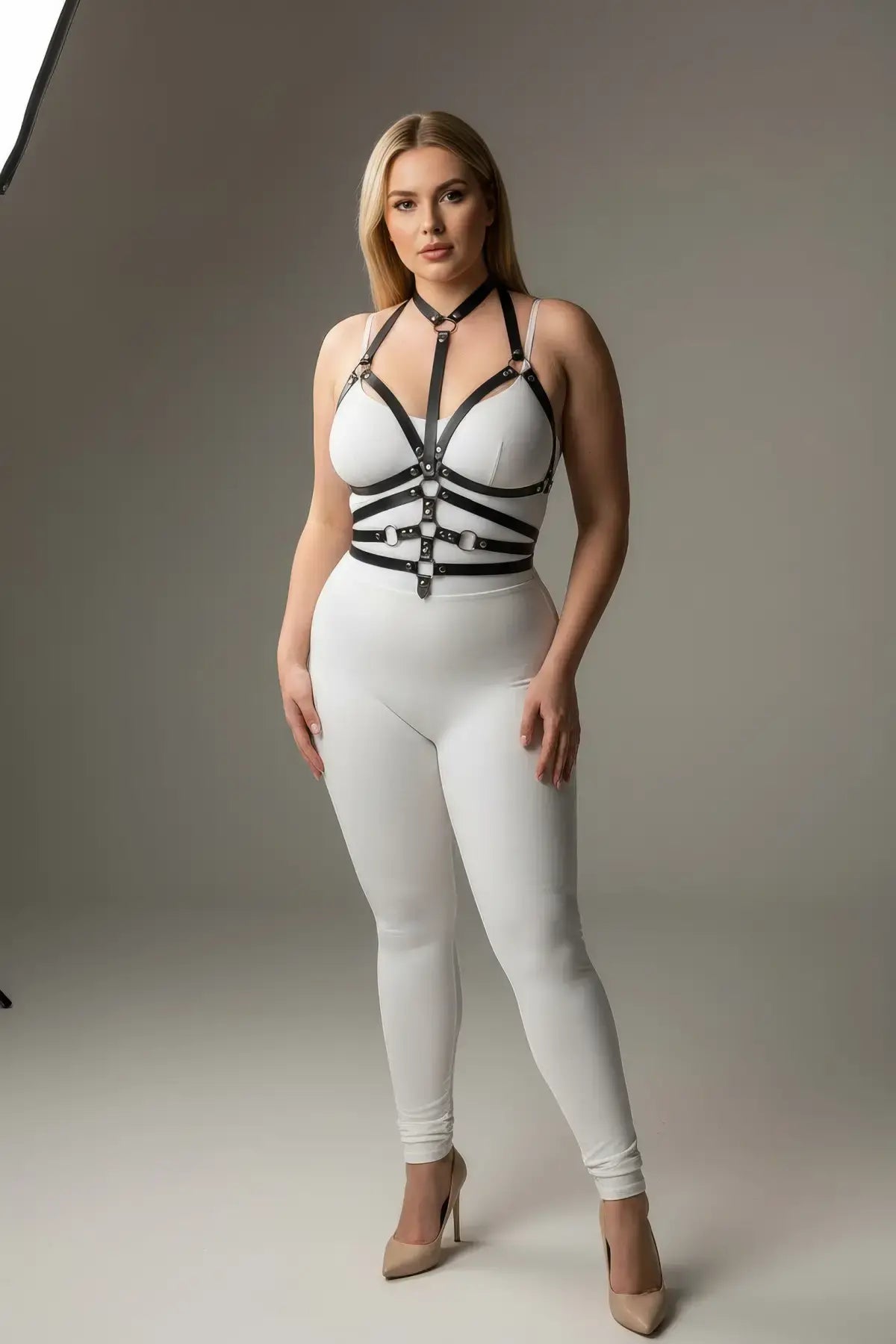 Plus-size black faux-leather O-ring full-body harness by HarnessClub