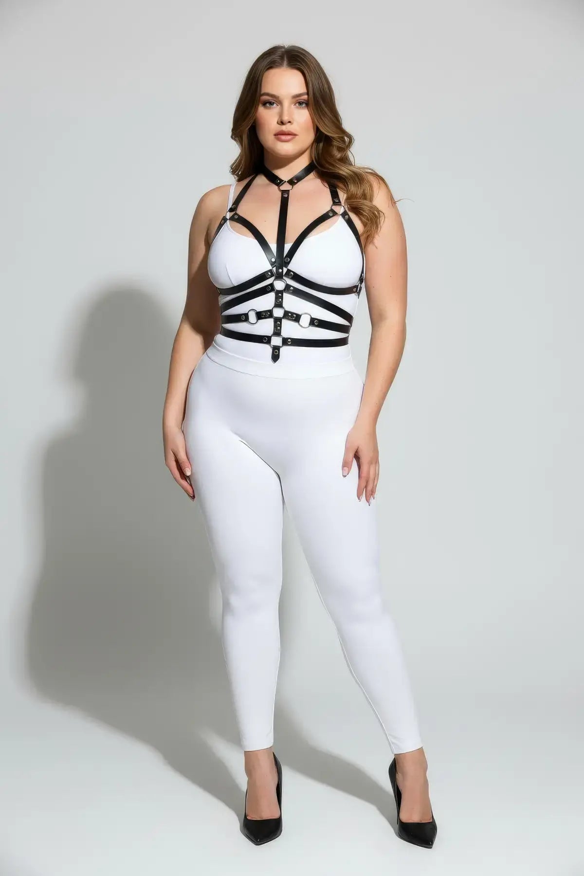 Plus-size black faux-leather full-body harness with O-ring detailing HarnessClub