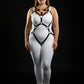 Plus-size black O-ring full-body harness in vegan leather worn over a white bodysuit, HarnessClub.