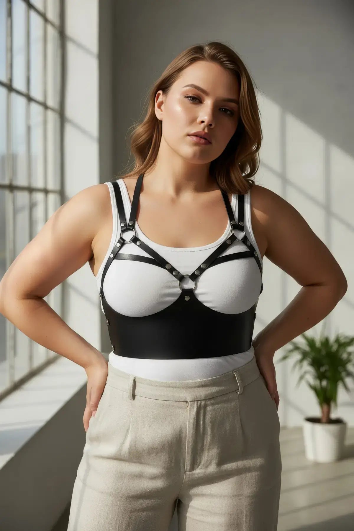 Plus-Size Black Leather O-Ring Bra Harness by HarnessClub worn over a white top