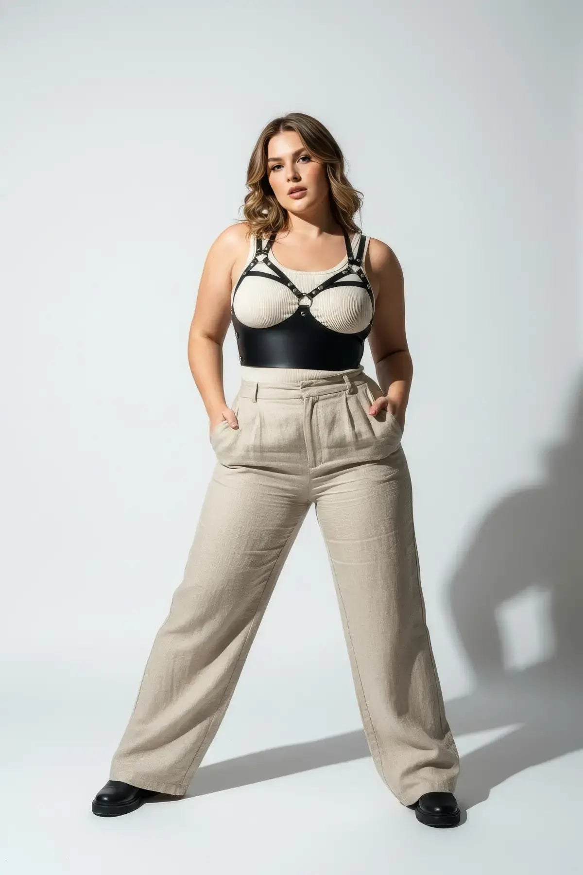 Plus-size black leather bra harness with O-ring by HarnessClub