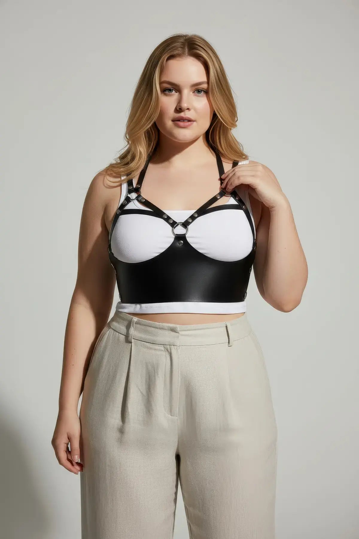 Plus Size Black O-Ring Leather Bra Harness by HarnessClub, with adjustable straps and metal O-ring