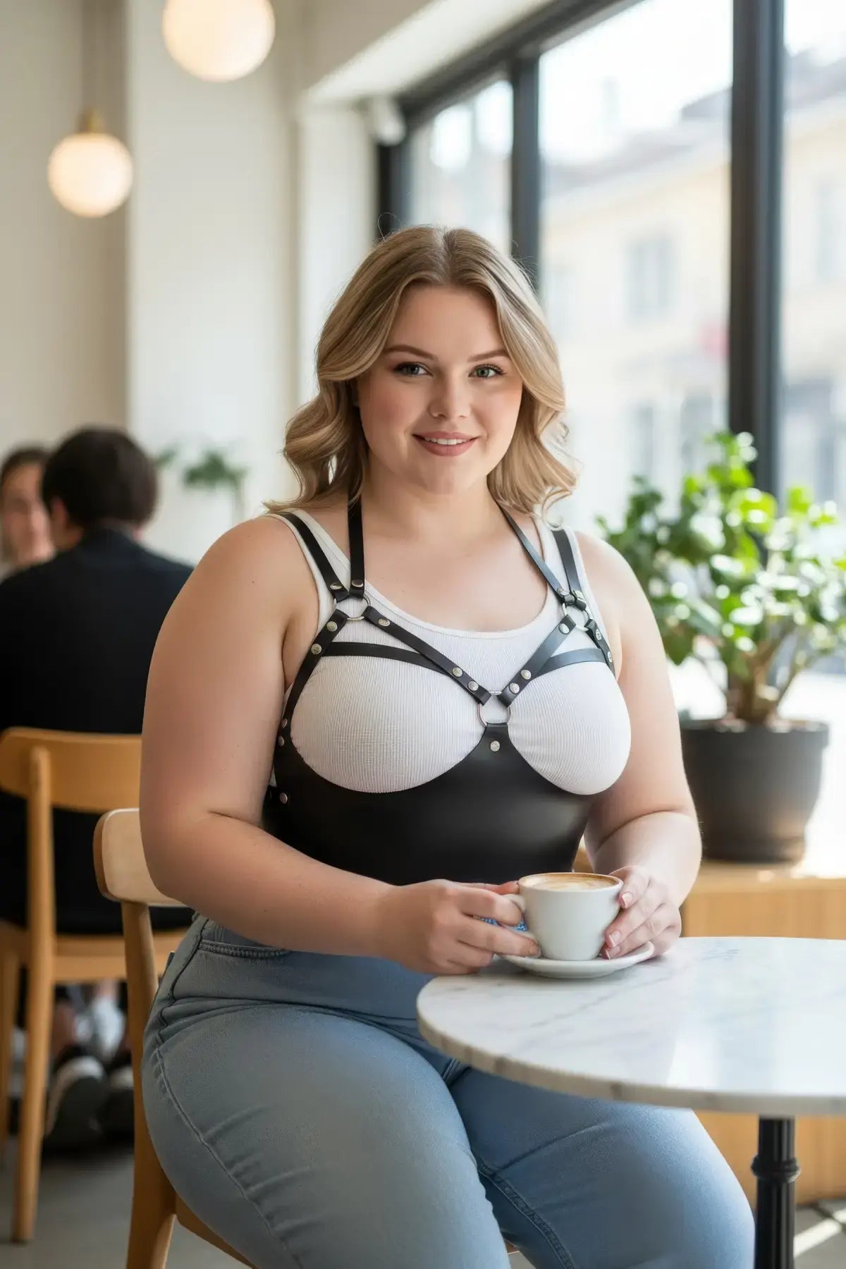 Plus-size black leather O-ring bra harness worn by a woman in a cafe.