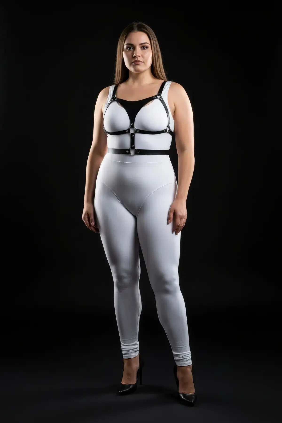 Plus-size black O-ring vegan leather chest and waist harness by HarnessClub worn by model