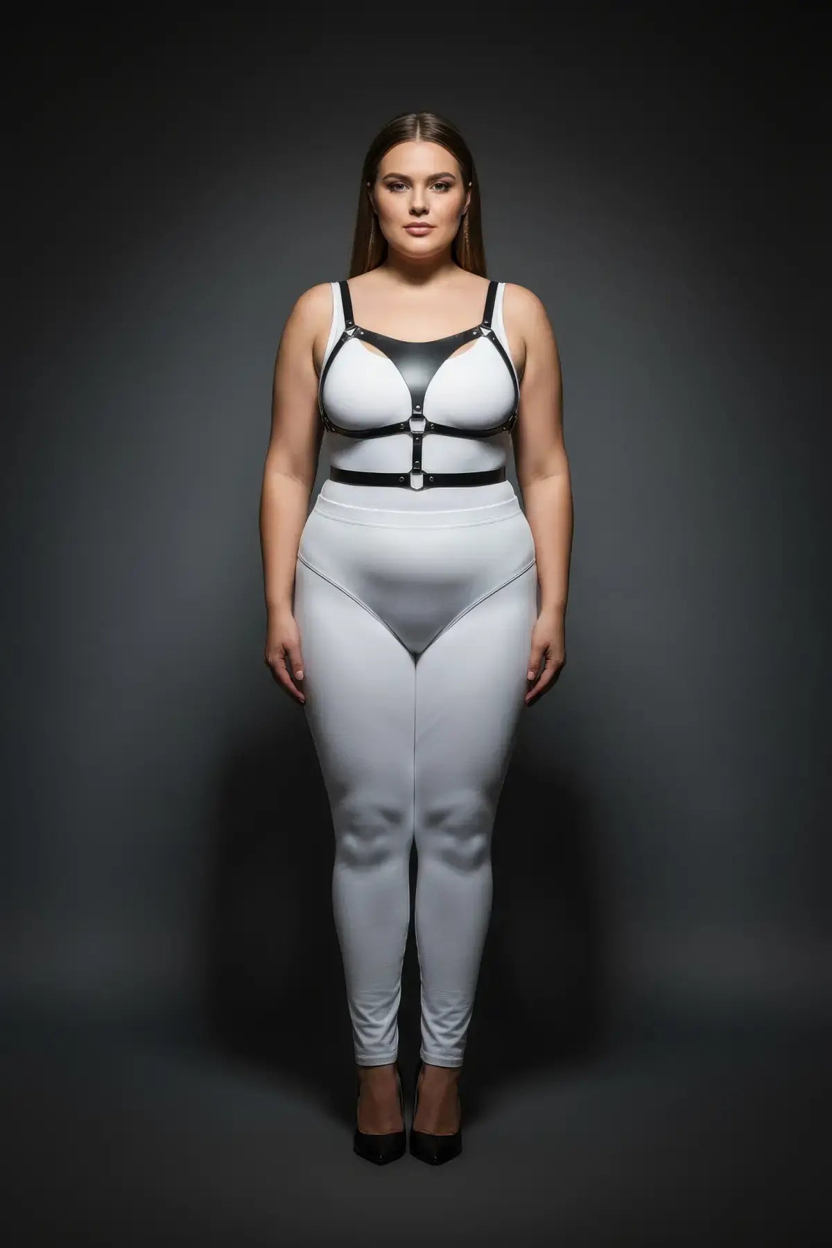 Plus-size black vegan-leather chest and waist harness by HarnessClub worn over white outfit