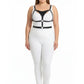 Plus Size Black O-Ring Leather Chest & Waist Harness by HarnessClub worn over a white bodysuit