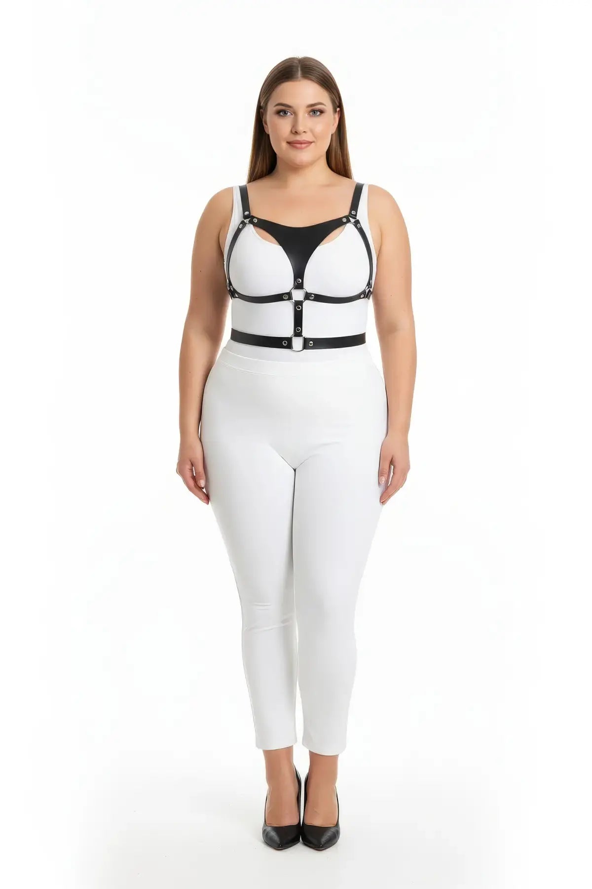 Plus Size Black O-Ring Leather Chest & Waist Harness by HarnessClub worn over a white bodysuit