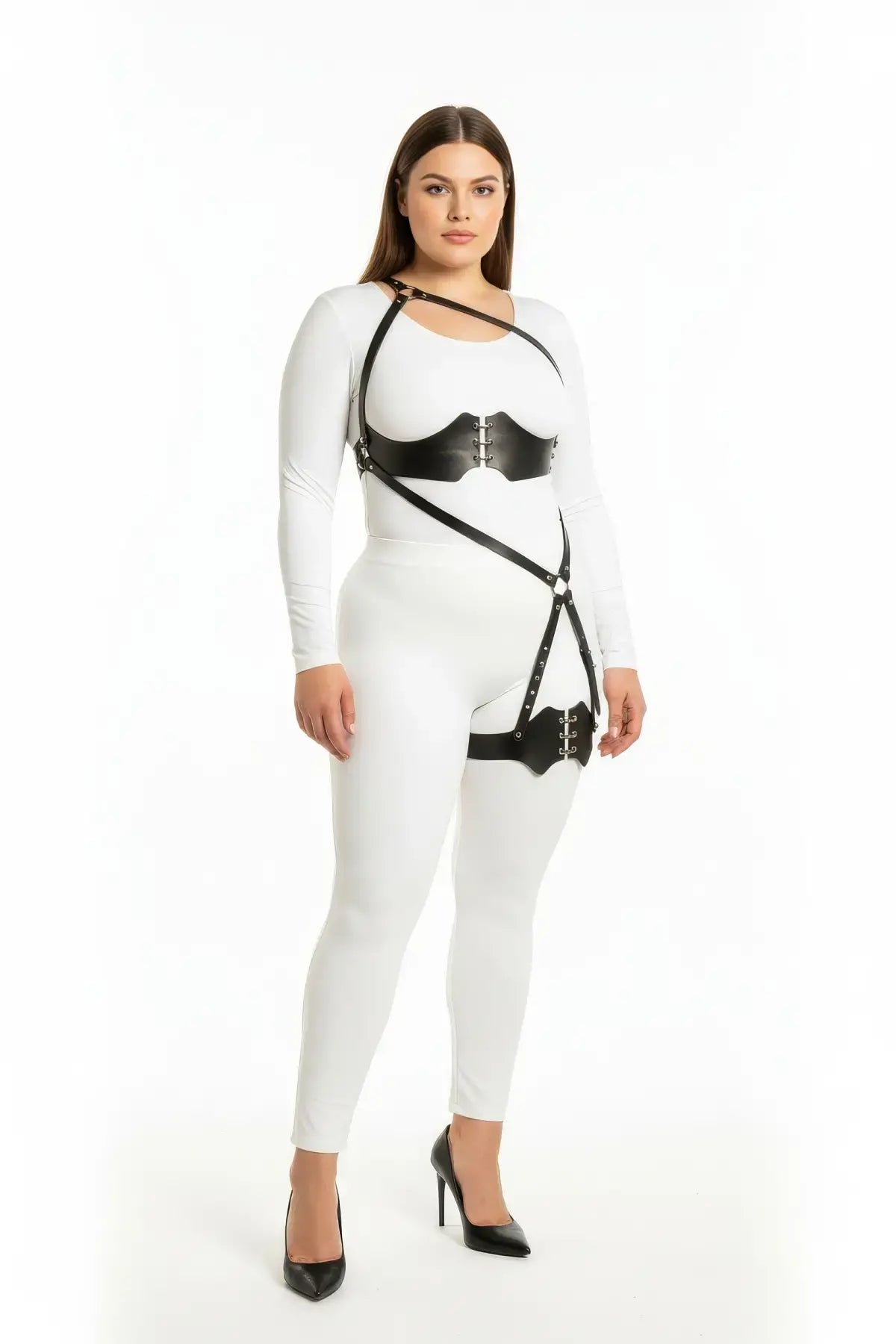 Plus-size black one-shoulder bustier harness with scalloped thigh garter, vegan leather, by HarnessClub