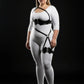 Plus-size black vegan-leather one-shoulder bustier harness with scalloped thigh garter