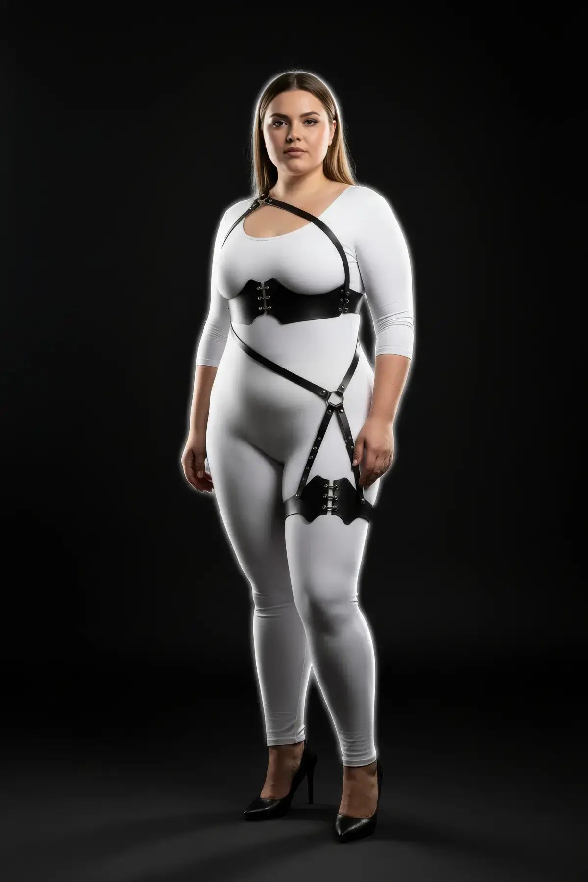 Plus-size black vegan-leather one-shoulder bustier harness with scalloped thigh garter