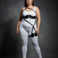 Plus-size black vegan leather one-shoulder bustier harness with scalloped thigh garter by HarnessClub