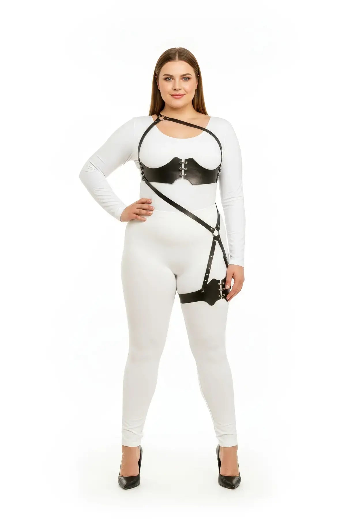 Plus Size Black One-Shoulder Bustier Harness with Scalloped Thigh Garter in vegan leather by HarnessClub
