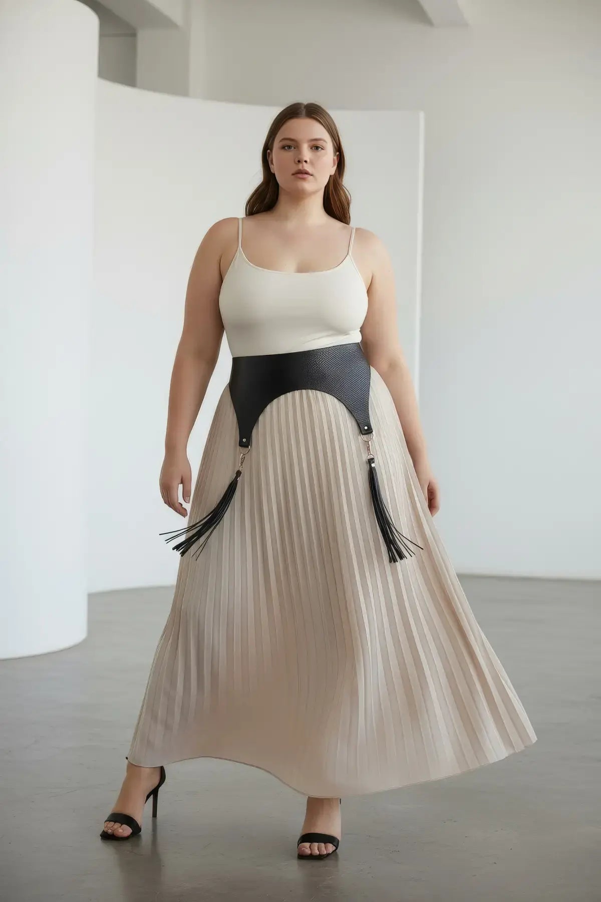 HarnessClub plus-size black pebbled wide corset waist belt with tassels, vegan leather