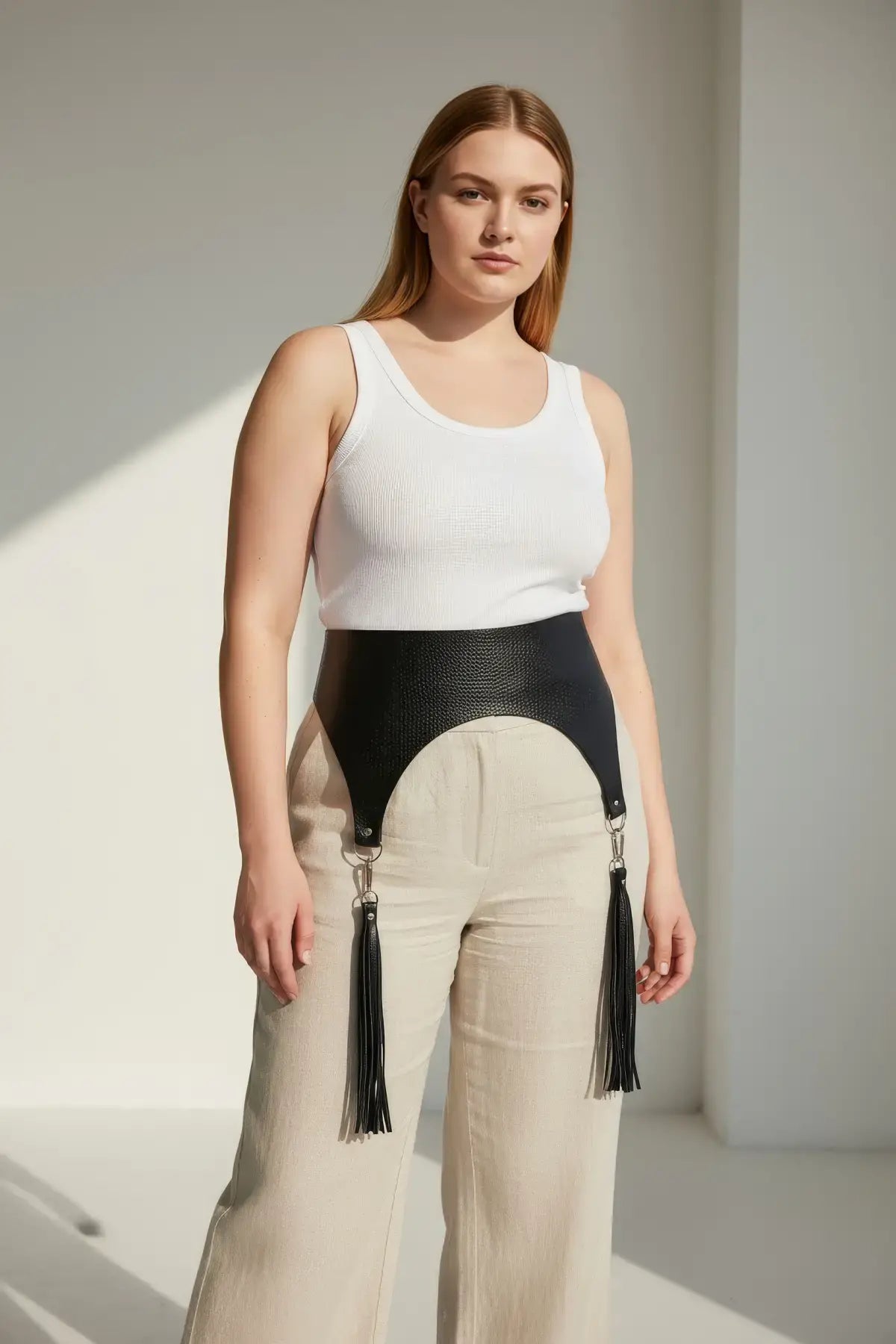 Plus-size black pebbled vegan-leather corset waist belt with tassels on model