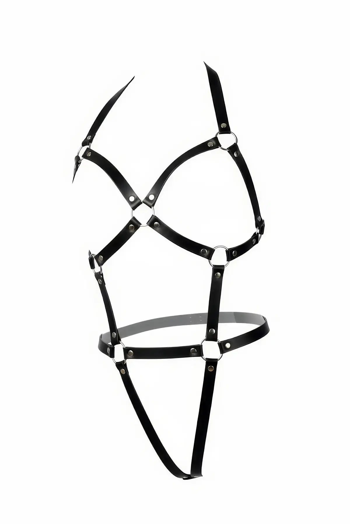 Plus-size black vegan-leather full-body cage harness with pointed-shoulder design by HarnessClub