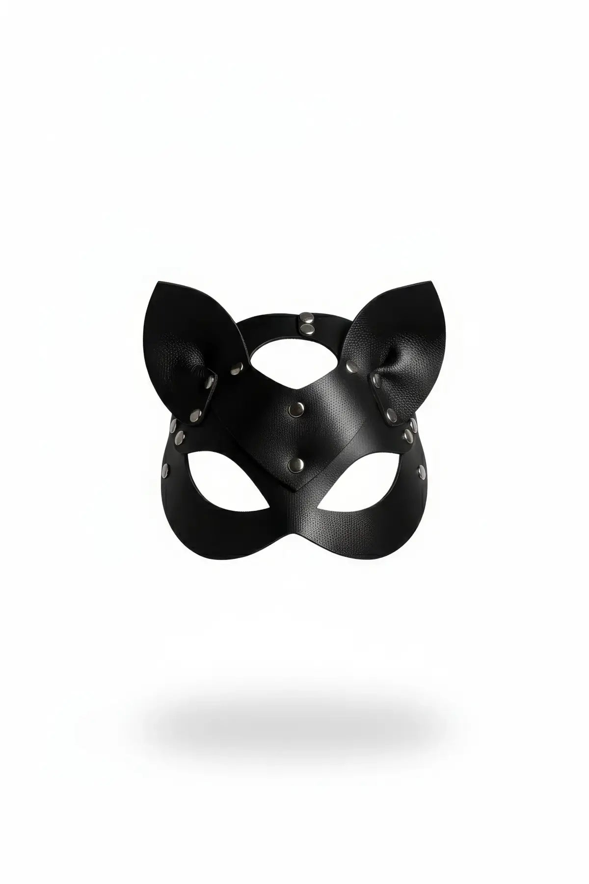 Plus Size Black Sculpted Cat-Ear Mask by HarnessClub, vegan leather with riveted accents