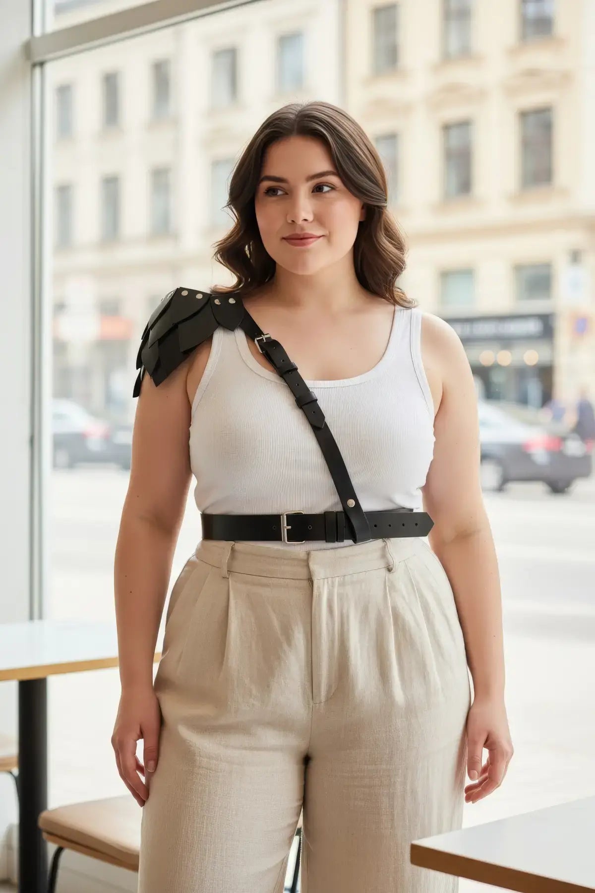 Plus-size black leather shoulder-harness with waist belt by HarnessClub