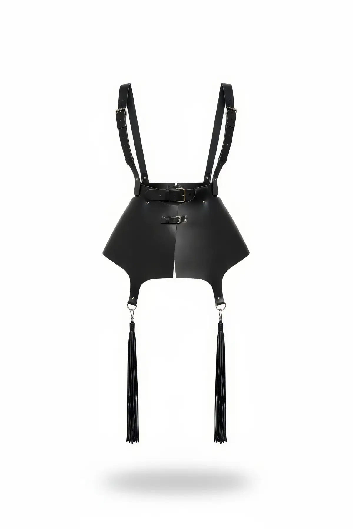 Plus Size Black Shoulder-Strap Apron Skirt with Tassel Drops by HarnessClub, vegan leather