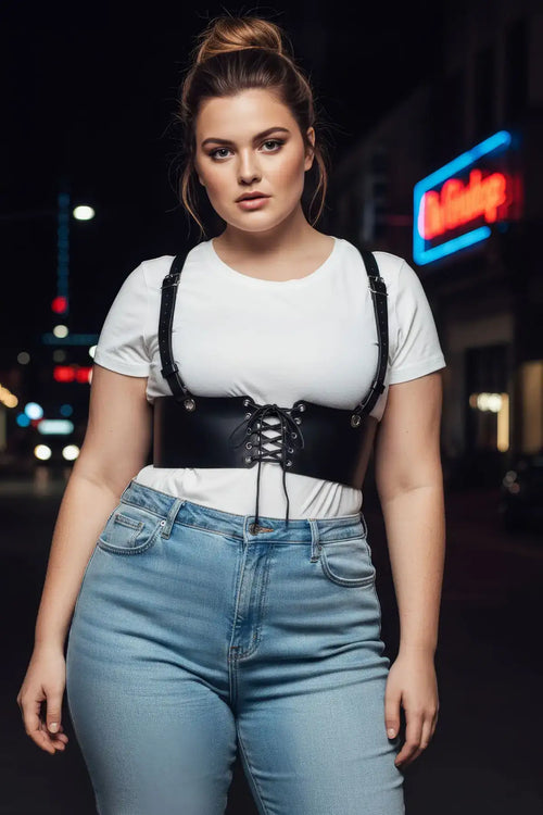 Plus Size Black Shoulder Strap Corset Harness by HarnessClub, vegan leather with lace-up front.