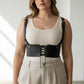 Plus-size black shoulder-strap corset harness in vegan leather with lace-up front