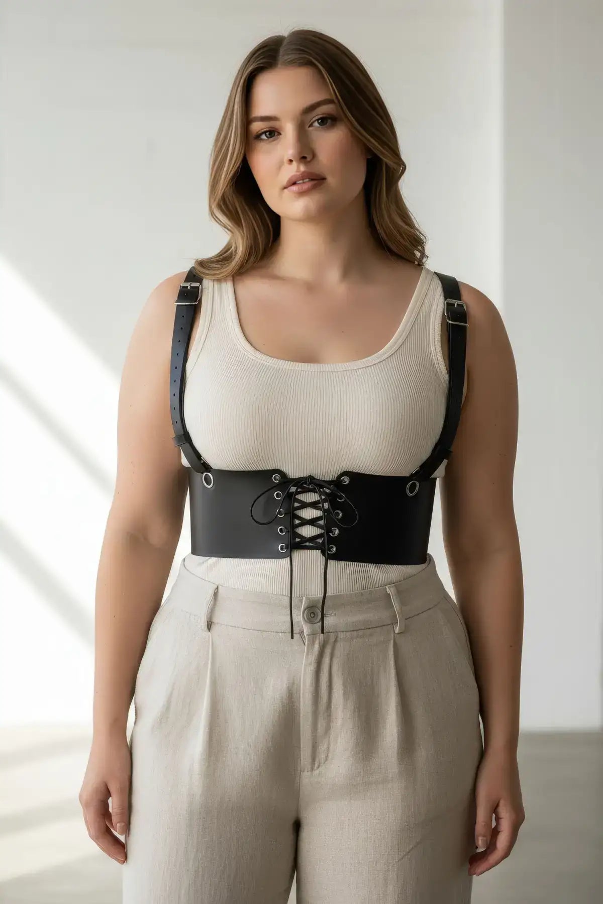 Plus-size black shoulder-strap corset harness in vegan leather with lace-up front