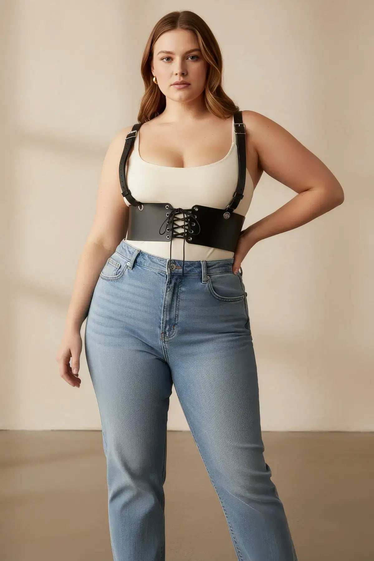 Plus-size black shoulder-strap corset harness in vegan leather with lace-up front by HarnessClub